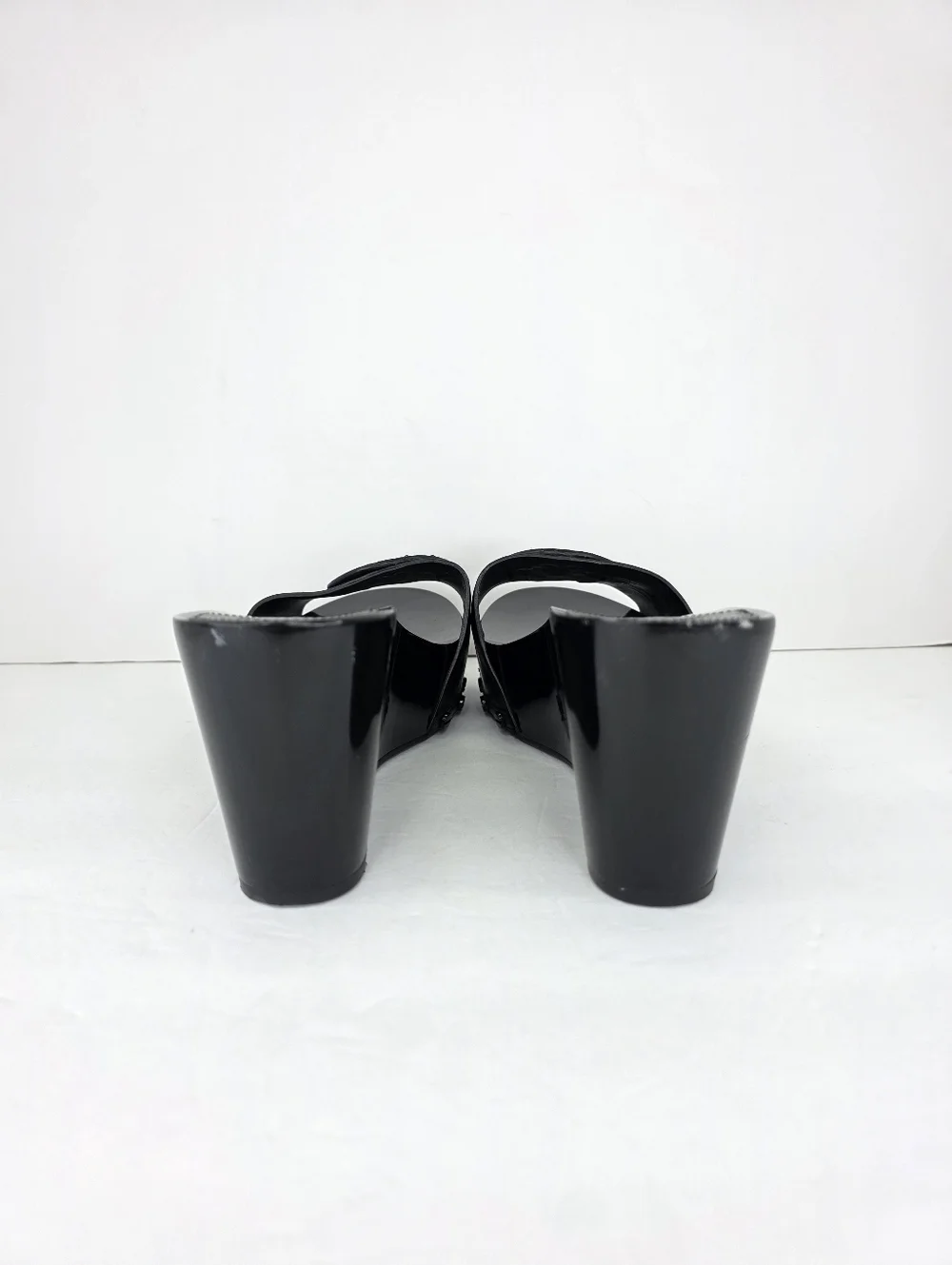 Tory Burch Patti Black Patent Slides Platform Wedge Heels Leather Sandals 9.5M